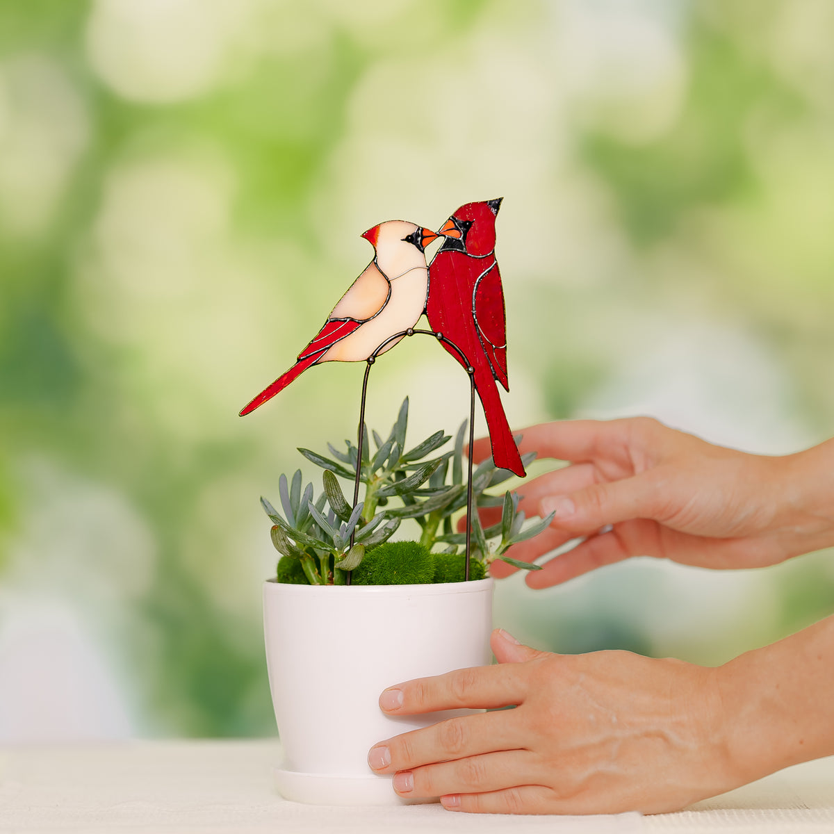 Stained Glass Cardinal Couple Plant Stake Decor