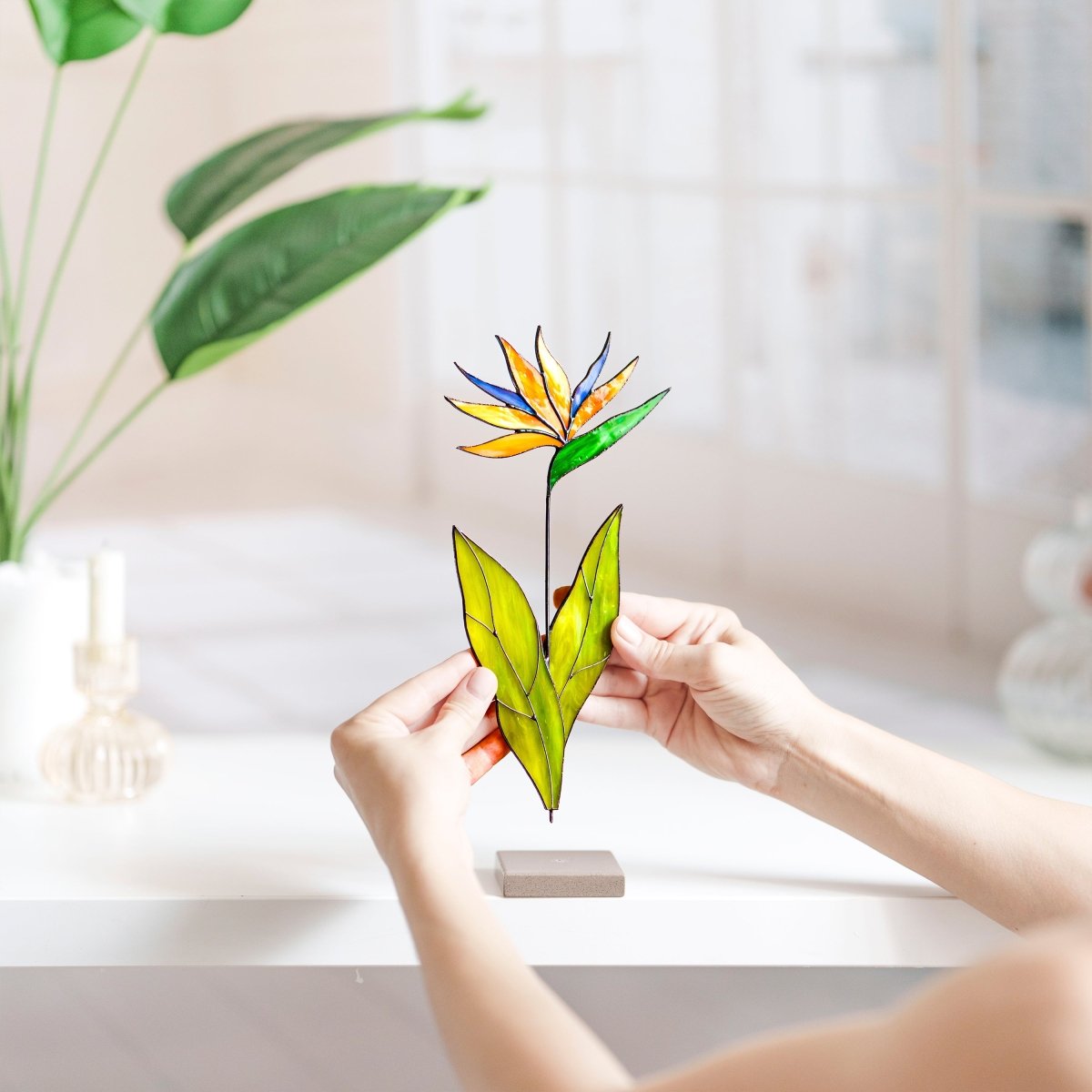 suncatcher Flowers stained_glass Bird of Paradise Flower Stained Glass Suncatcher – Handmade Table Decor