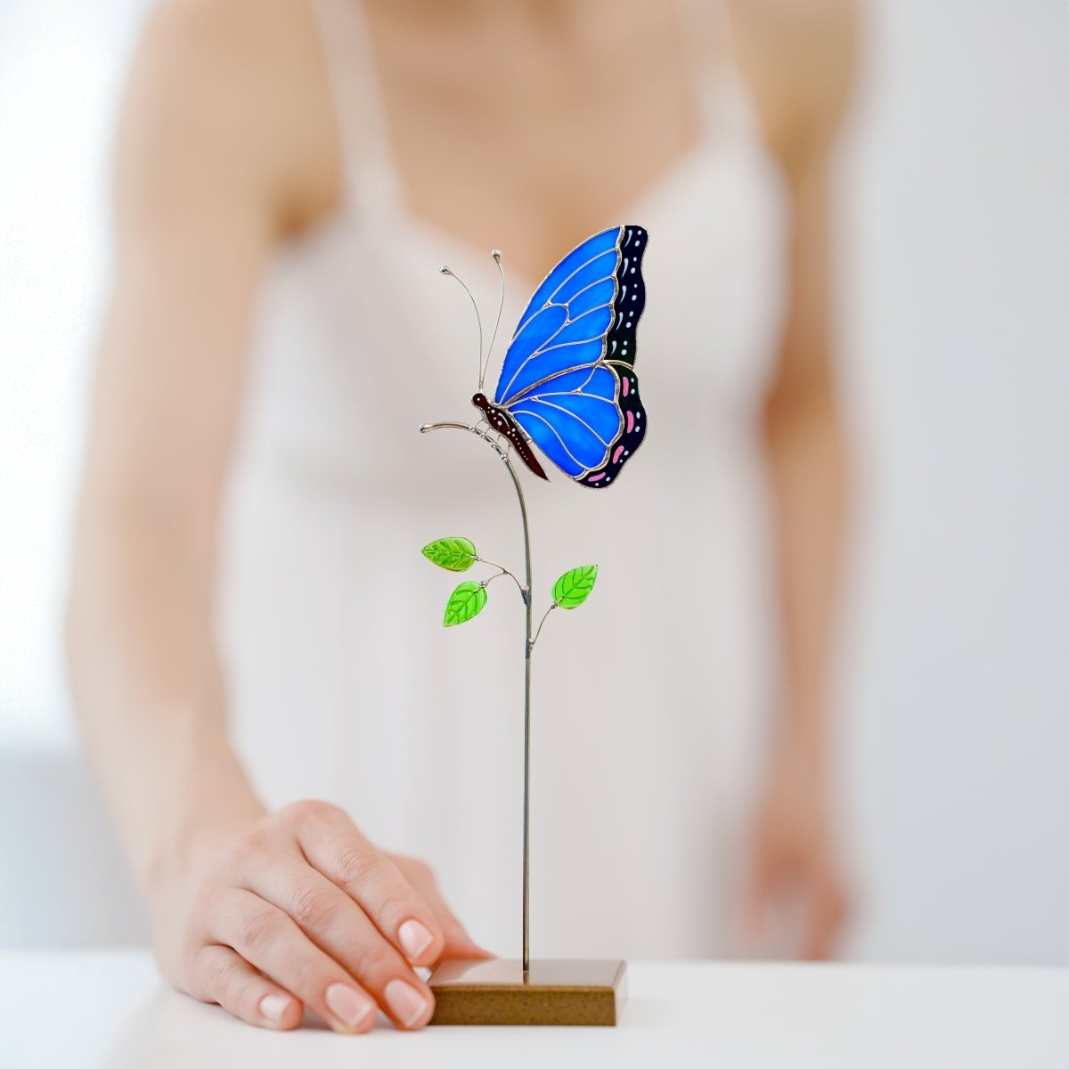 suncatcher stained_glass Blue Butterfly Stained Glass Table Decor – Handmade Art Piece