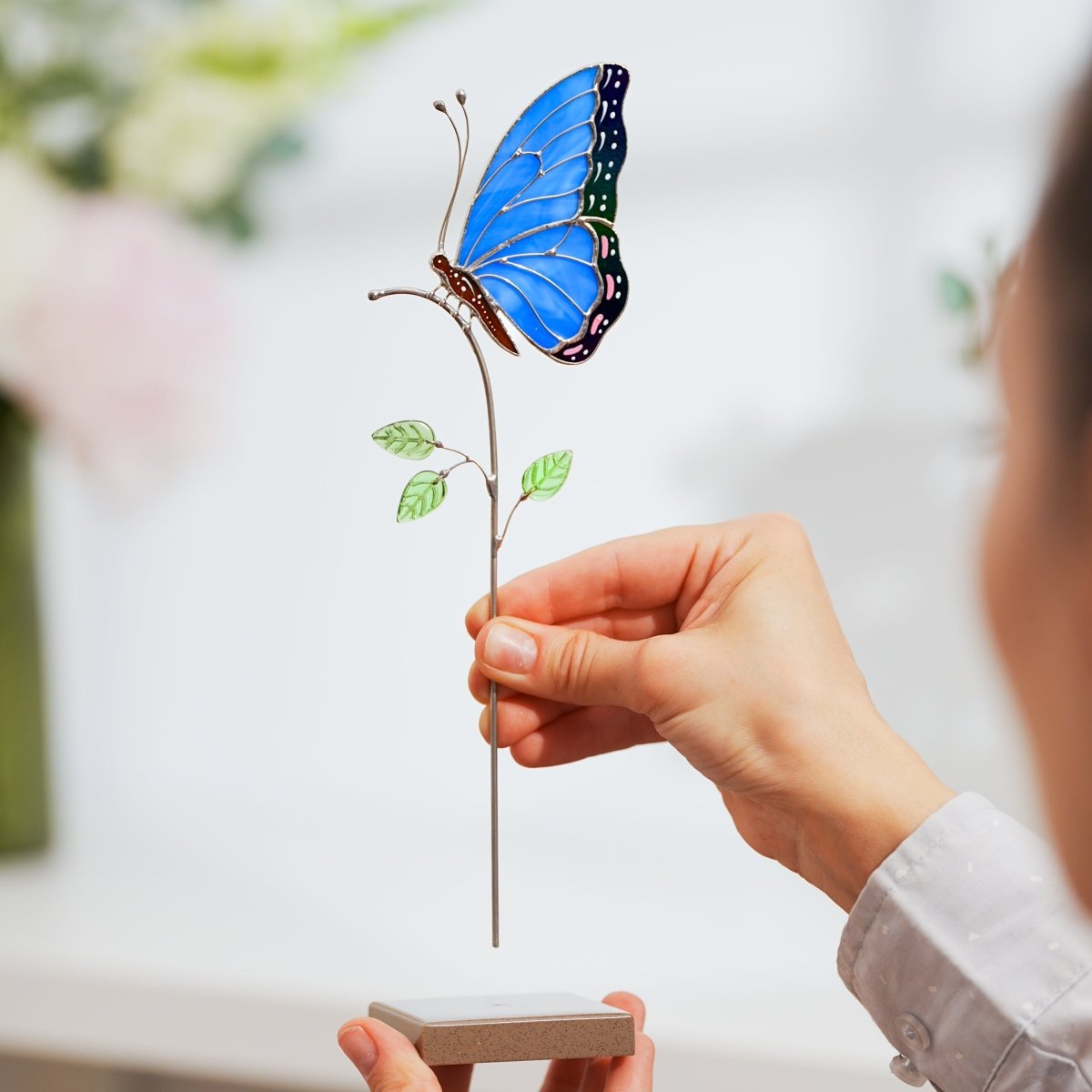 suncatcher stained_glass Blue Butterfly Stained Glass Table Decor – Handmade Art Piece