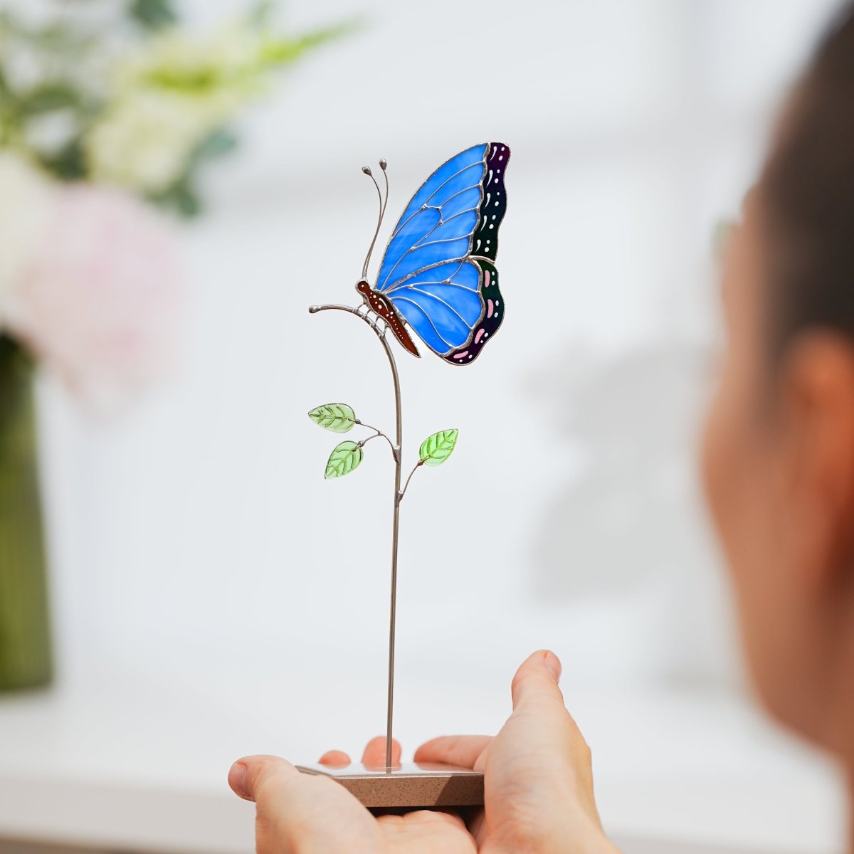 suncatcher stained_glass Blue Butterfly Stained Glass Table Decor – Handmade Art Piece