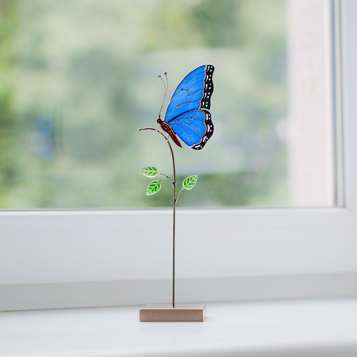 suncatcher stained_glass Blue Butterfly Stained Glass Table Decor – Handmade Art Piece