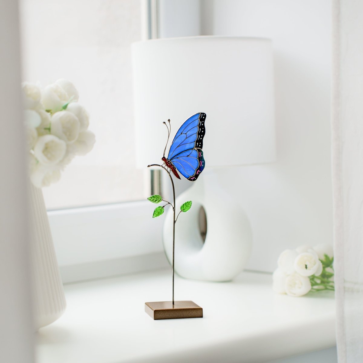 suncatcher stained_glass Blue Butterfly Stained Glass Table Decor – Handmade Art Piece