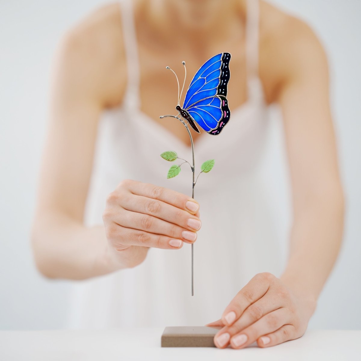 suncatcher stained_glass Blue Butterfly Stained Glass Table Decor – Handmade Art Piece