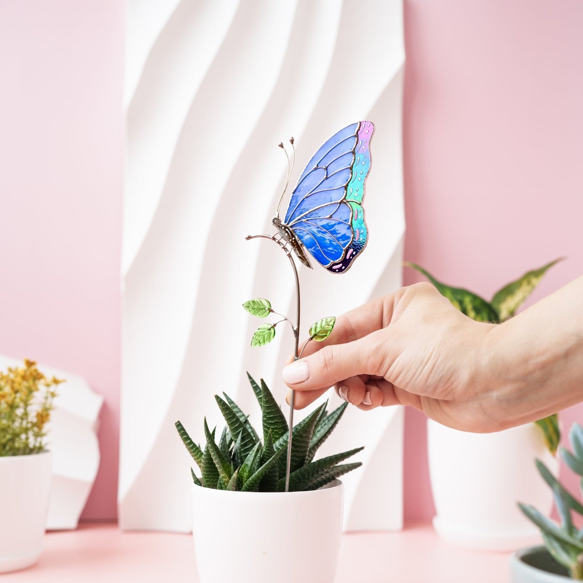 suncatcher stained_glass Blue Butterfly Stained Glass Table Decor – Handmade Art Piece