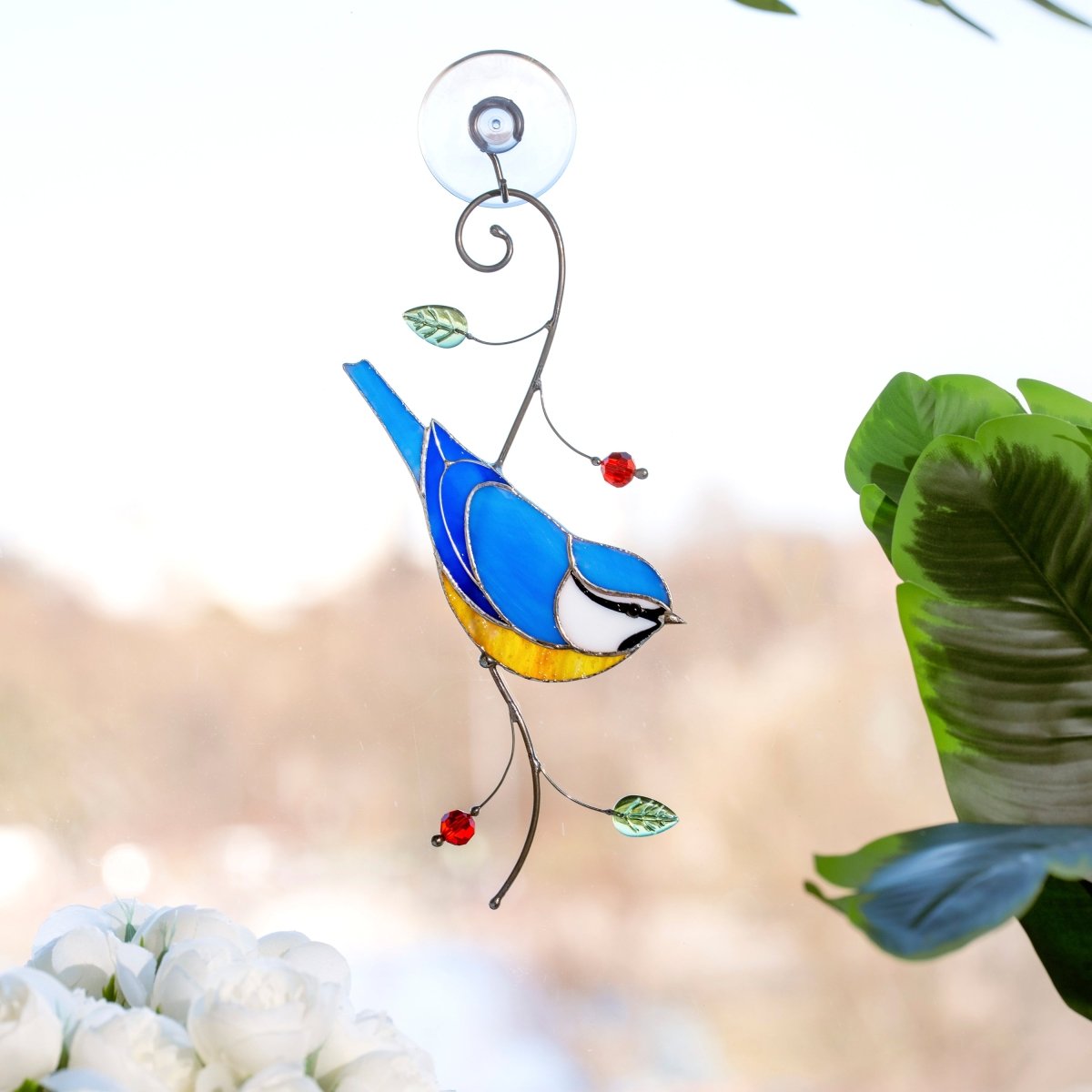 suncatcher Top product stained_glass Blue Tit Window Hanging – Stained Glass Bird Decor A Delightful Symbol of Joy, Curiosity