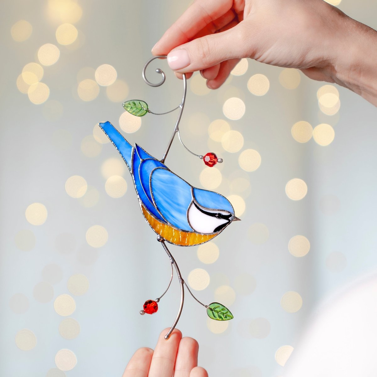 suncatcher Top product stained_glass Blue Tit Window Hanging – Stained Glass Bird Decor A Delightful Symbol of Joy, Curiosity