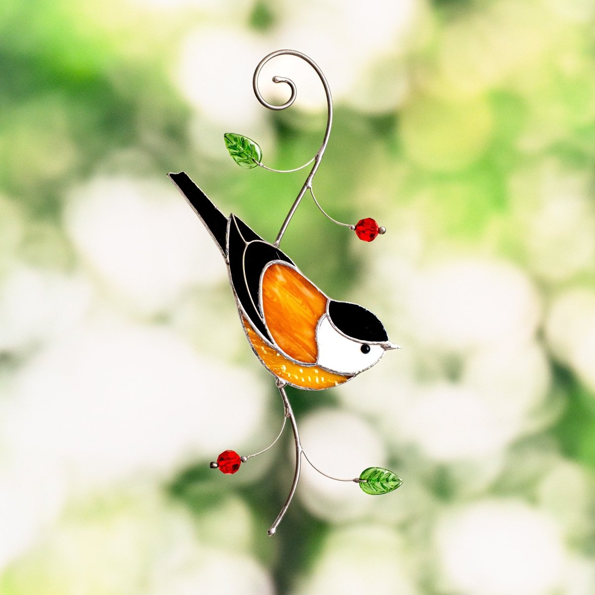 suncatcher stained_glass Chickadee Window Hanging – Stained Glass Bird Gift A Cheerful Symbol of Joy