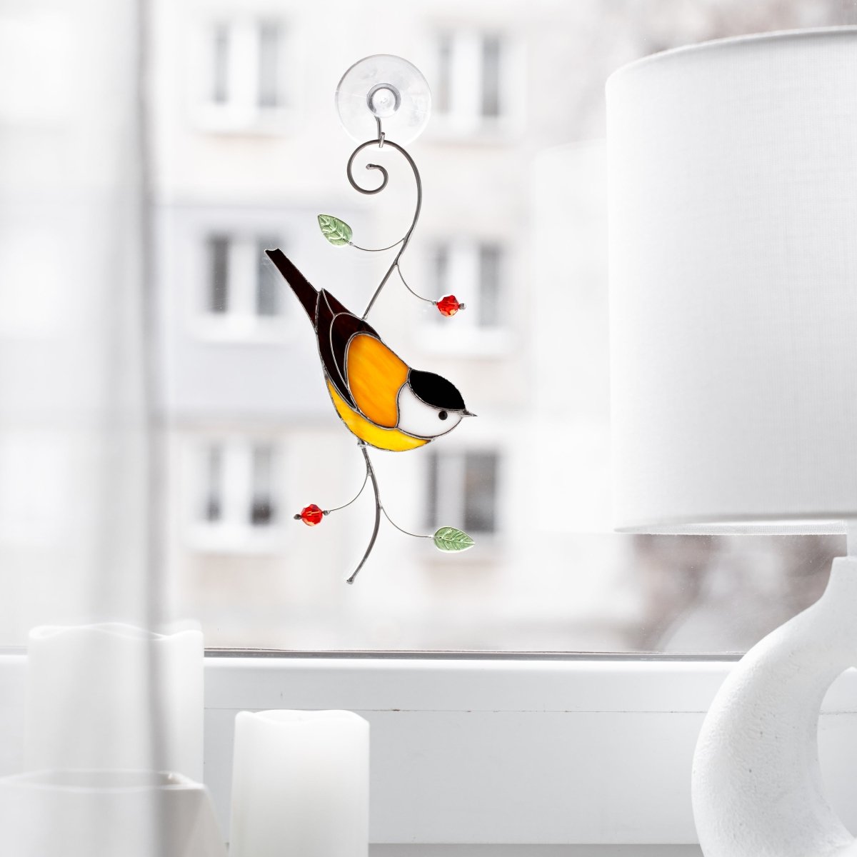 suncatcher stained_glass Chickadee Window Hanging – Stained Glass Bird Gift A Cheerful Symbol of Joy, Hope, and Lighthearted Spirit