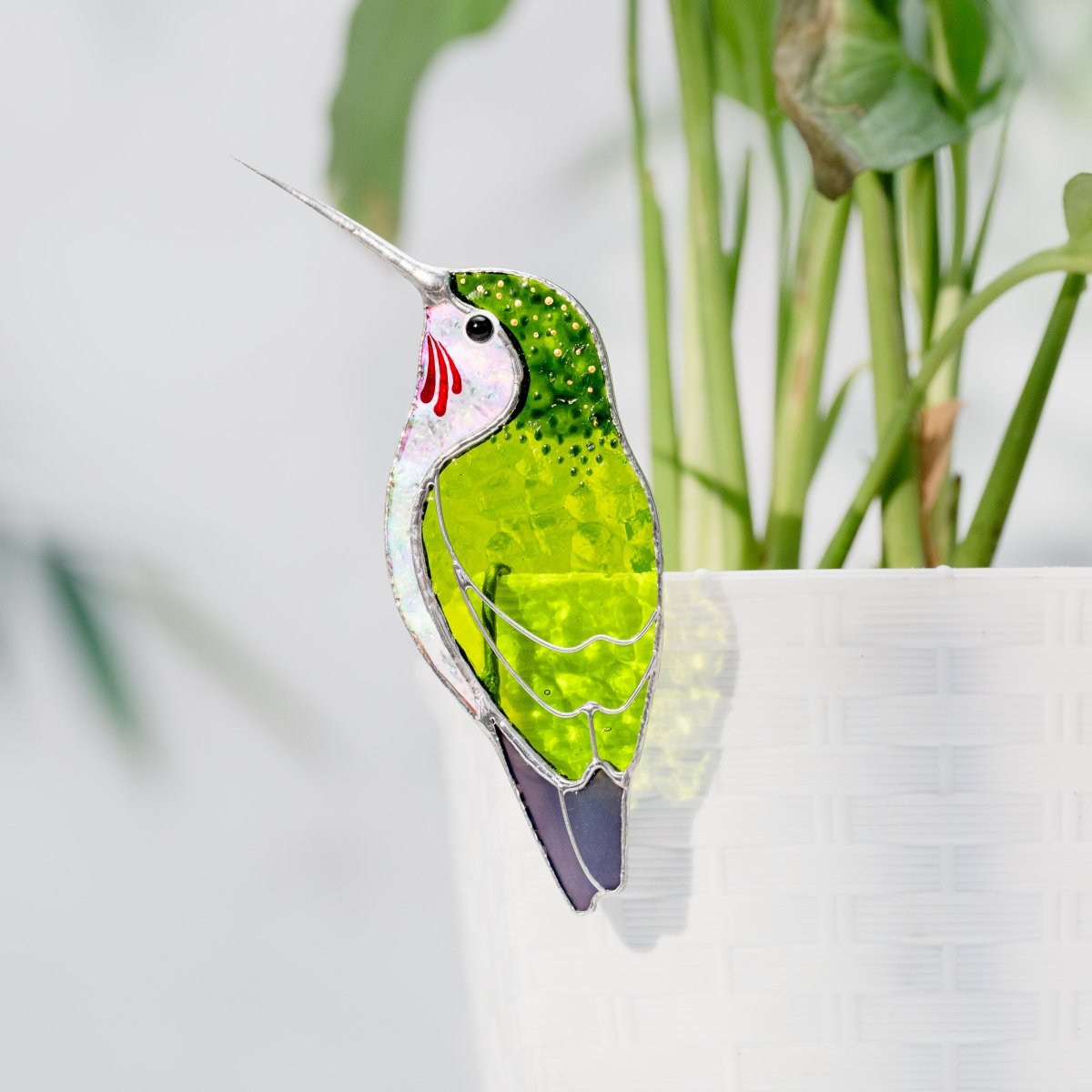 suncatcher stained_glass Green Hummingbird Stained Glass – Planter Decoration Funny & Cute Bird Gift | Tropical Decor | Whimsical Accent for Plant Lovers