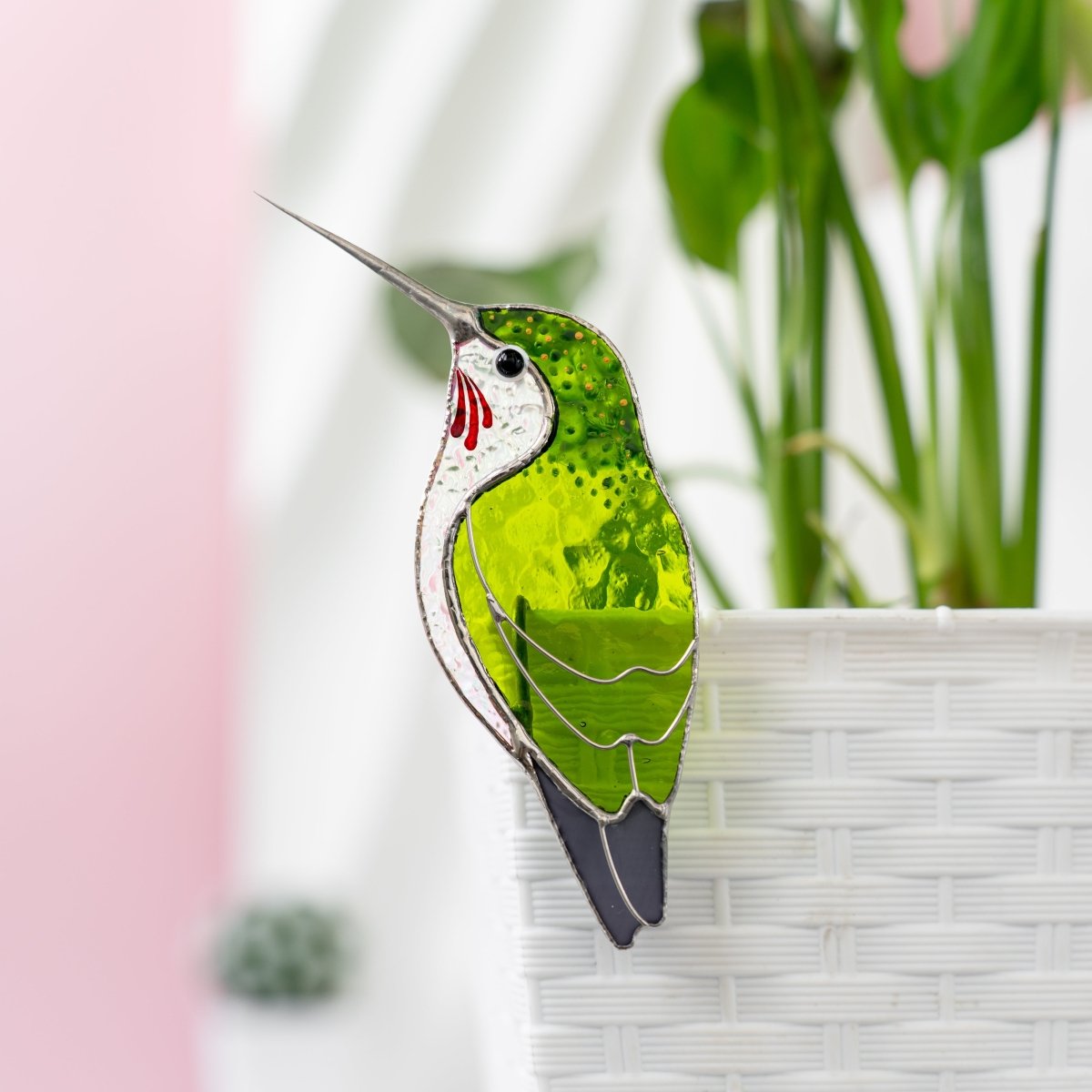 suncatcher stained_glass Green Hummingbird Stained Glass – Planter Decoration Funny & Cute Bird Gift | Tropical Decor | Whimsical Accent for Plant Lovers