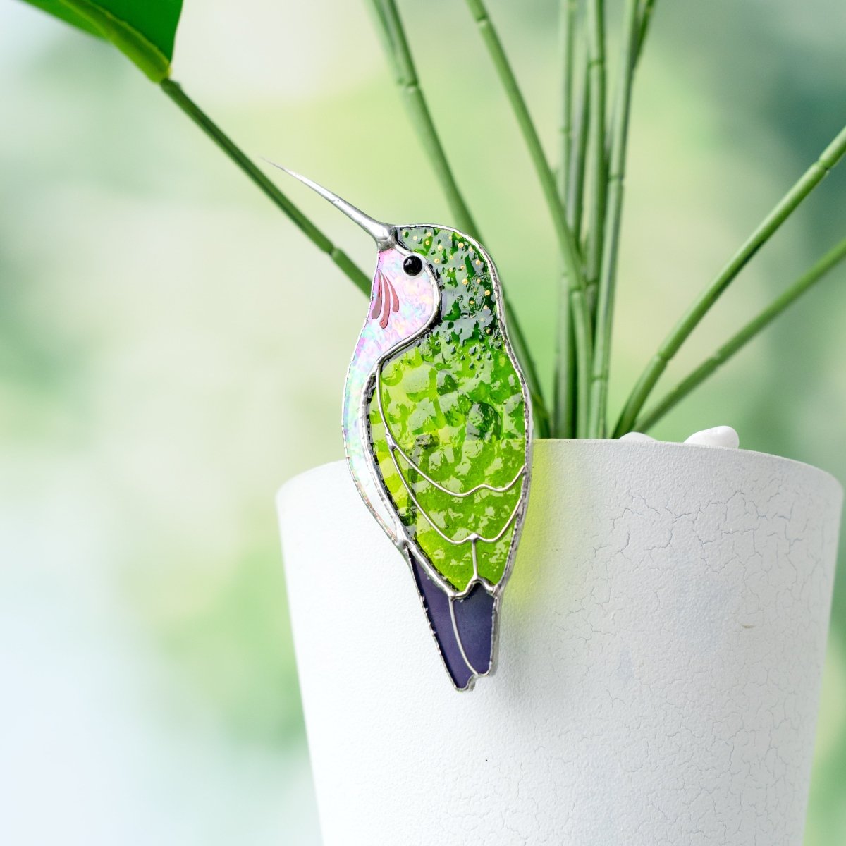 suncatcher stained_glass Green Hummingbird Stained Glass – Planter Decoration Funny & Cute Bird Gift | Tropical Decor | Whimsical Accent for Plant Lovers