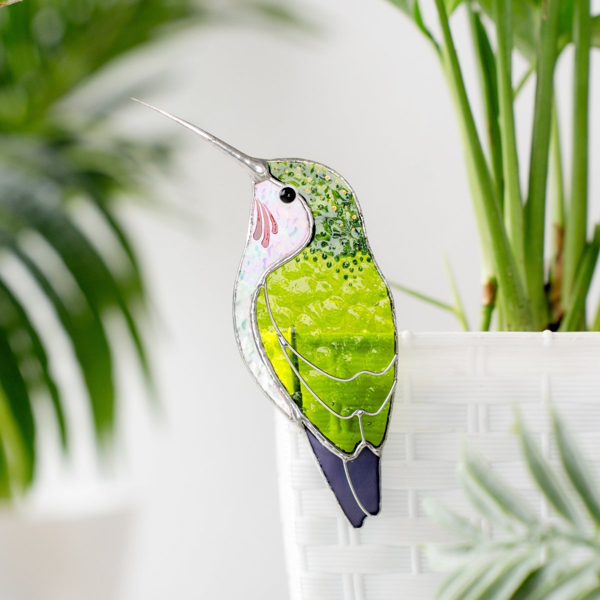 suncatcher stained_glass Green Hummingbird Stained Glass – Planter Decoration Funny & Cute Bird Gift | Tropical Decor | Whimsical Accent for Plant Lovers