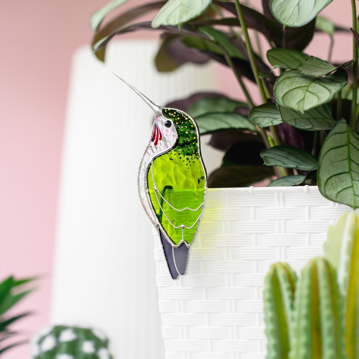 suncatcher stained_glass Green Hummingbird Stained Glass – Planter Decoration Funny & Cute Bird Gift | Tropical Decor | Whimsical Accent for Plant Lovers