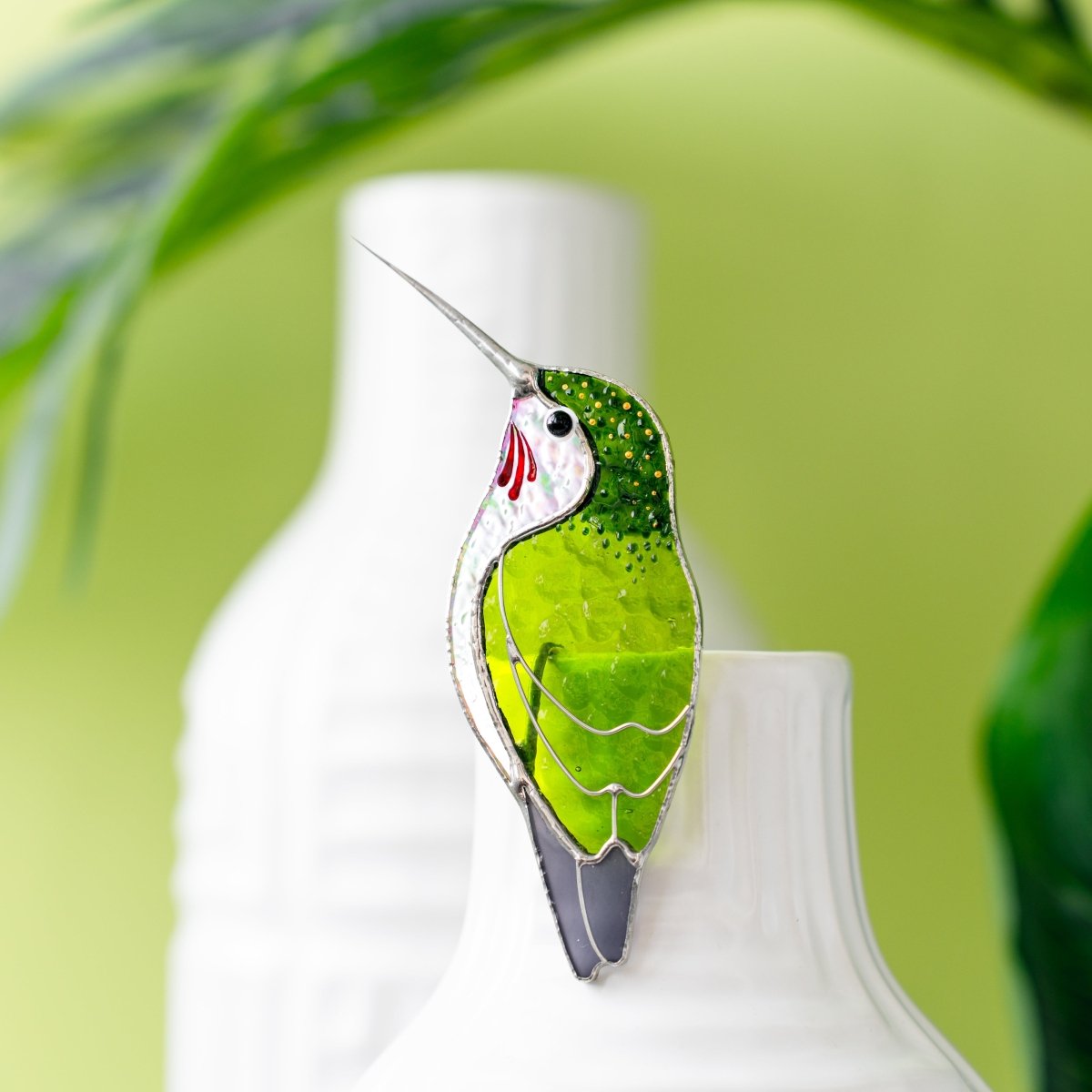 suncatcher stained_glass Green Hummingbird Stained Glass – Planter Decoration Funny & Cute Bird Gift | Tropical Decor | Whimsical Accent for Plant Lovers