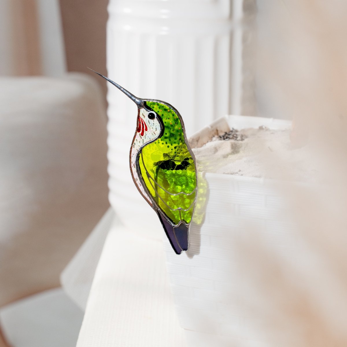 suncatcher stained_glass Green Hummingbird Stained Glass – Planter Decoration Funny & Cute Bird Gift | Tropical Decor | Whimsical Accent for Plant Lovers
