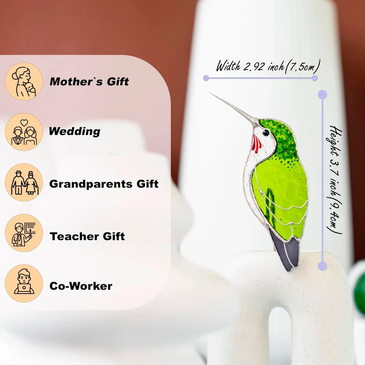 suncatcher stained_glass Green Hummingbird Stained Glass – Planter Decoration Funny & Cute Bird Gift | Tropical Decor | Whimsical Accent for Plant Lovers