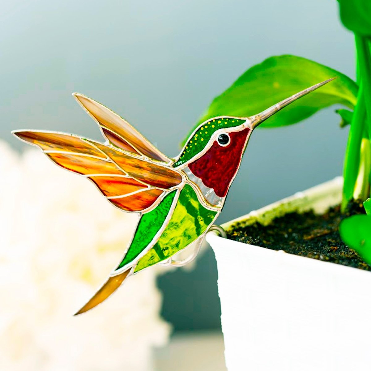 suncatcher Top product stained_glass Green Hummingbird Stained Glass - Suncatcher Planter Decor 4.7x3.15 inch