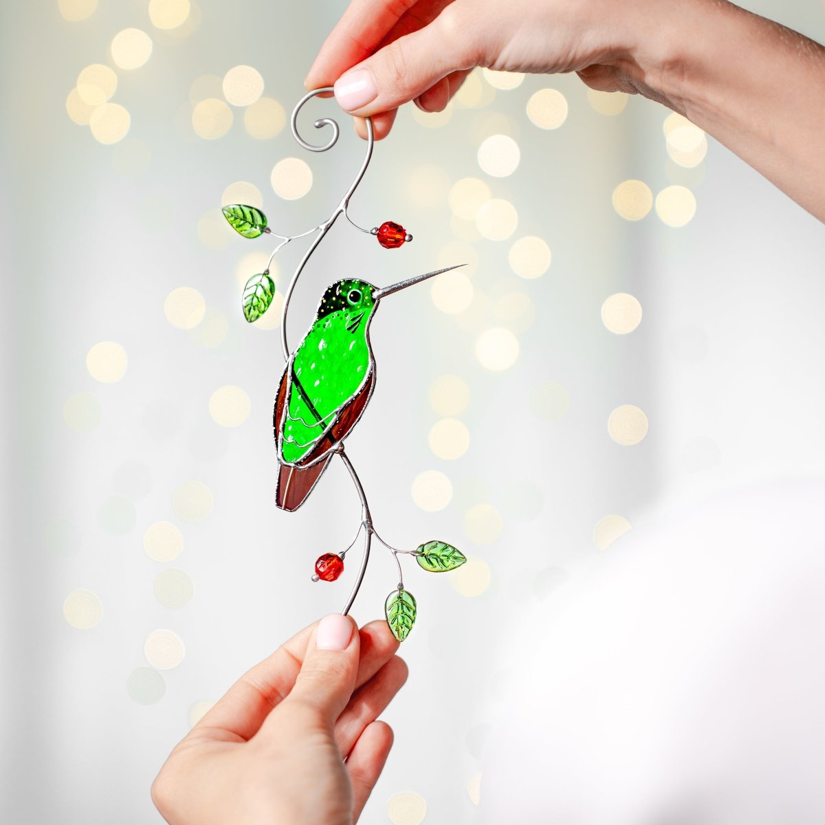 suncatcher Top product stained_glass Hummingbird Garden Suncatcher – Handmade Stained Glass Gift for Mom