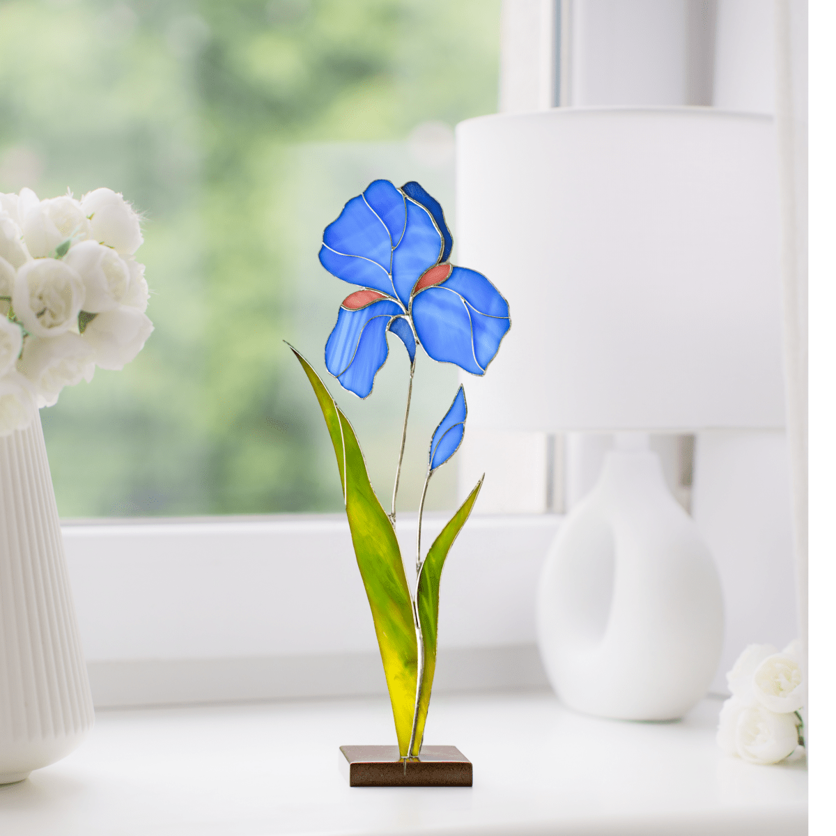 suncatcher stained_glass Iris Stained Glass Table Decor – Handmade Faux Flower for Home or Gift