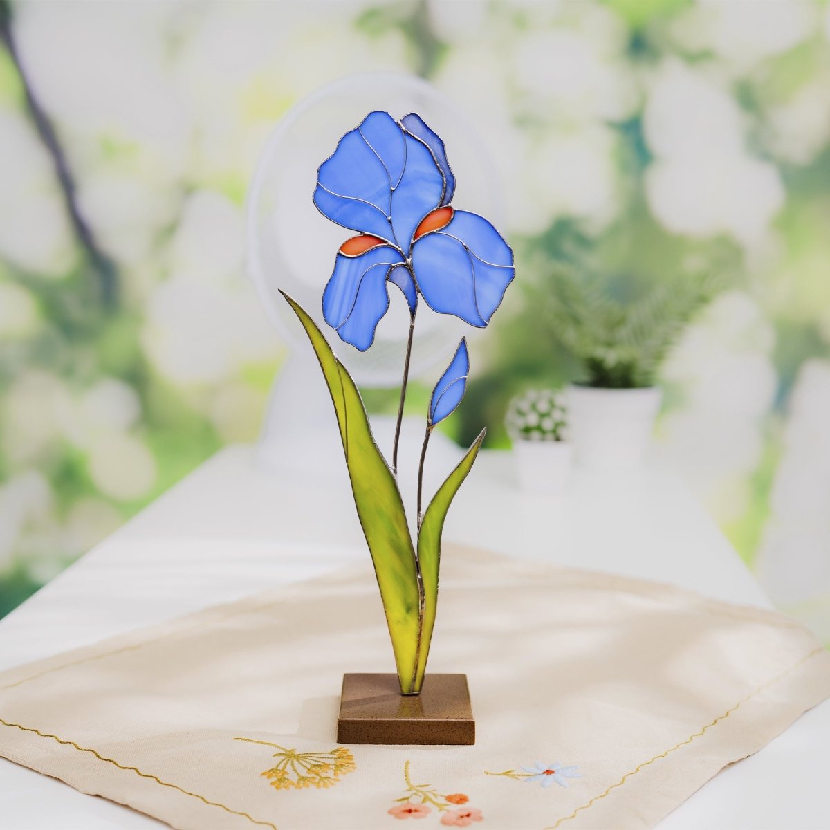 suncatcher stained_glass Iris Stained Glass Table Decor – Handmade Faux Flower for Home or Gift