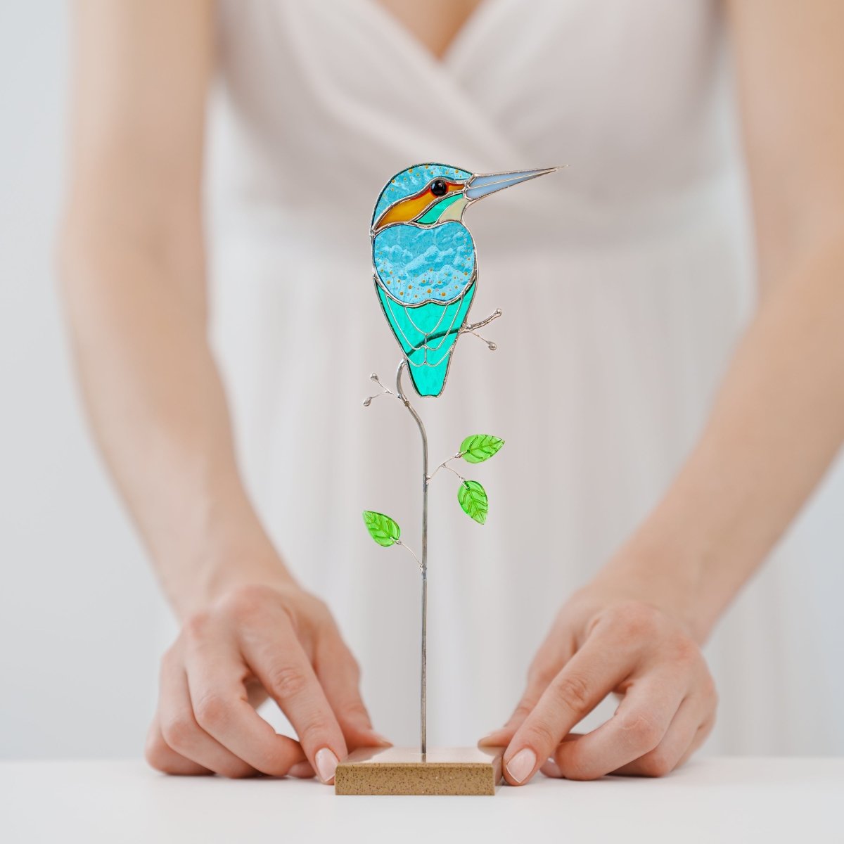 suncatcher stained_glass Kingfisher Stained Glass Suncatcher – Handmade Table Decor