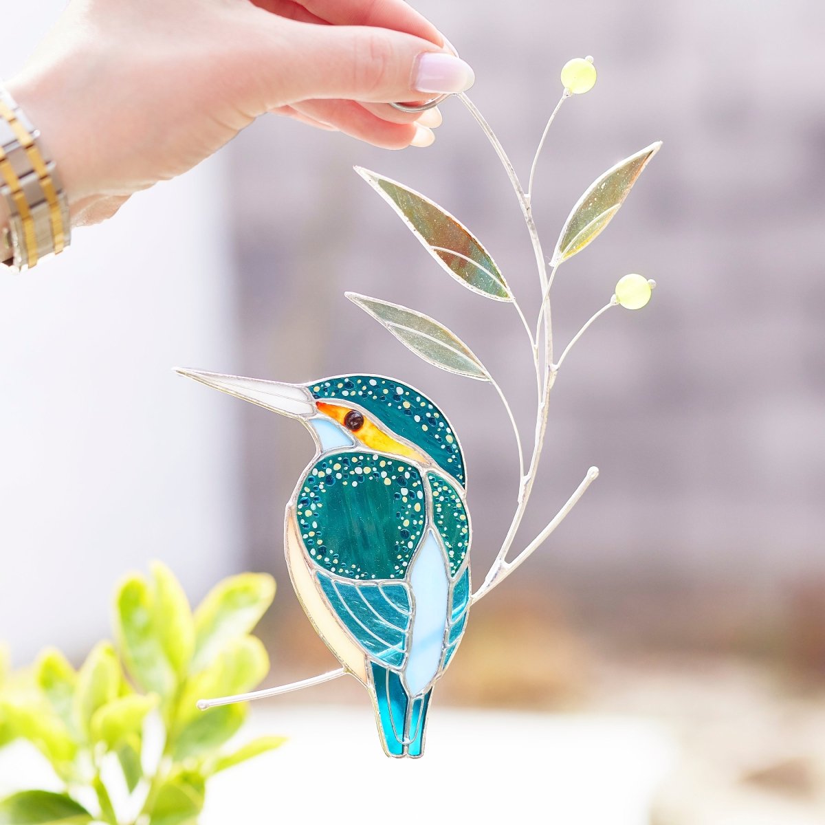 suncatcher Top product stained_glass Kingfisher Stained Glass - Suncatcher Hanging Decor 8.5x4.75 inch