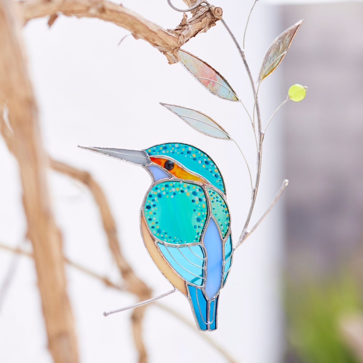 suncatcher Top product stained_glass Kingfisher Stained Glass - Suncatcher Hanging Decor 8.5x4.75 inch