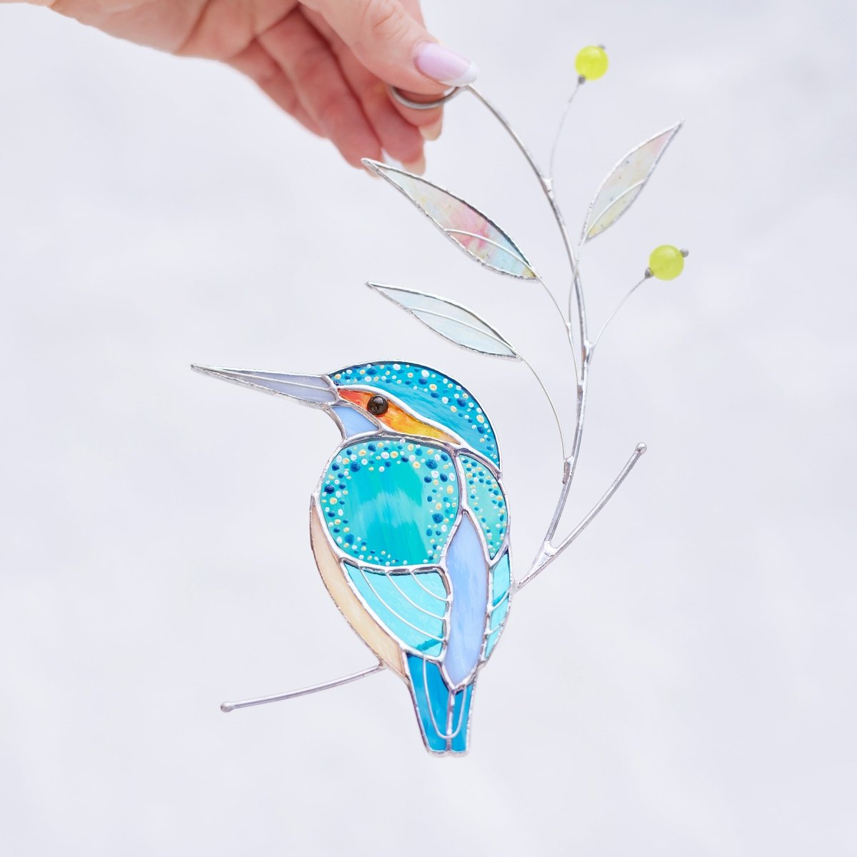 suncatcher Top product stained_glass Kingfisher Stained Glass - Suncatcher Hanging Decor 8.5x4.75 inch