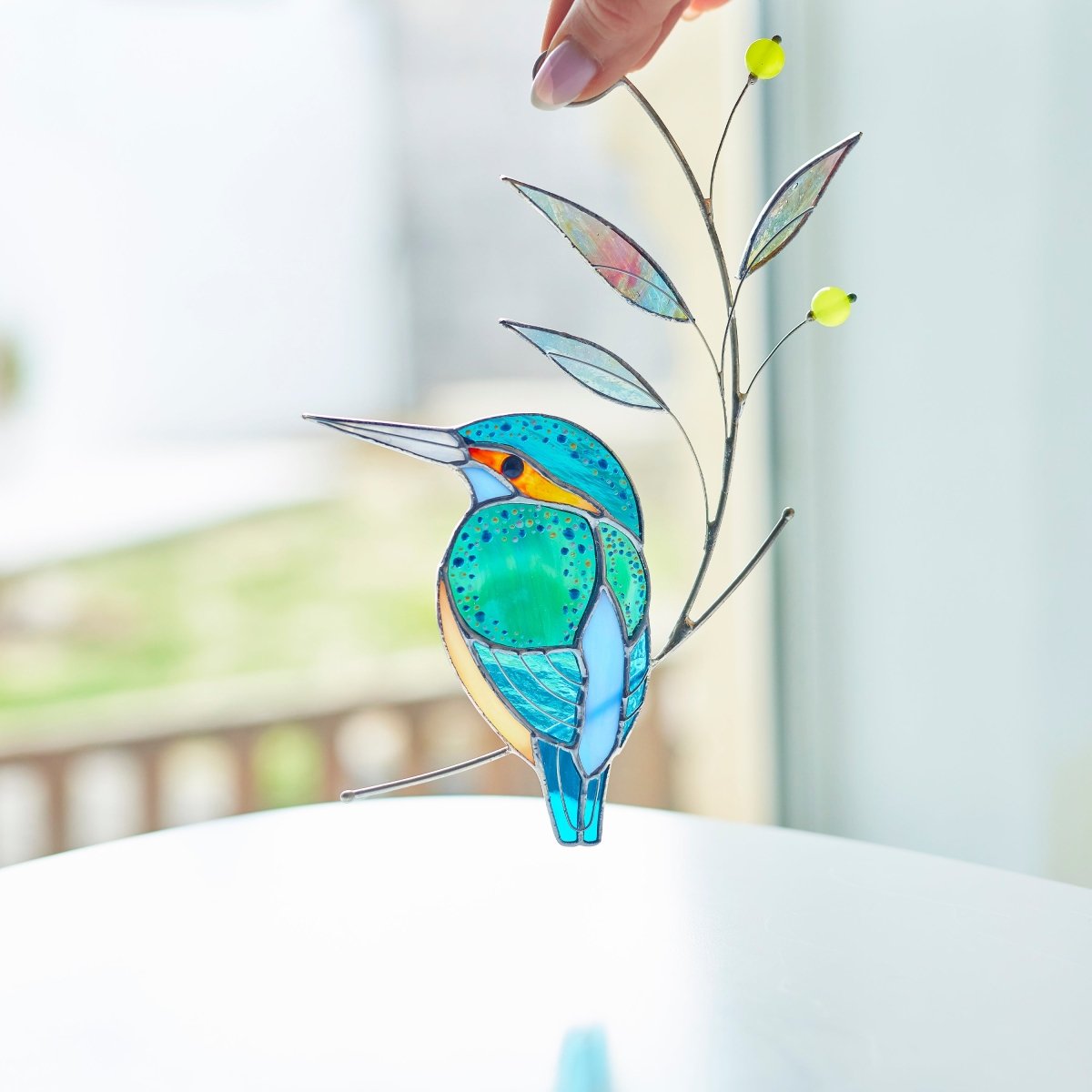 suncatcher Top product stained_glass Kingfisher Stained Glass - Suncatcher Hanging Decor 8.5x4.75 inch