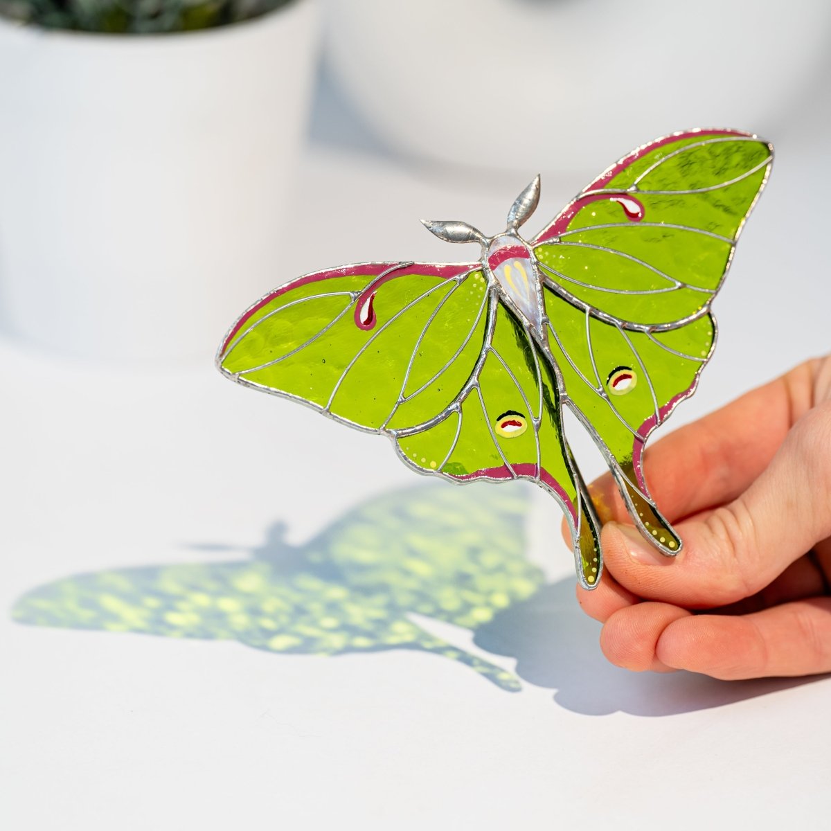 suncatcher stained_glass Luna Moth Stained Glass – Best - Selling Planter Decoration Gift for Mom | Gardener’s Favorite | Nature - Inspired Decor