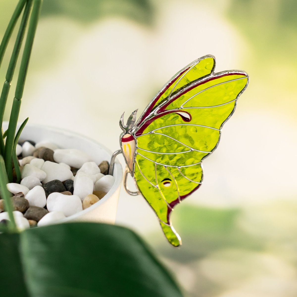 suncatcher stained_glass Luna Moth Stained Glass – Planter Decoration Symbol of Mystery & Transformation | Gift for Gardeners | Nature - Inspired Decor
