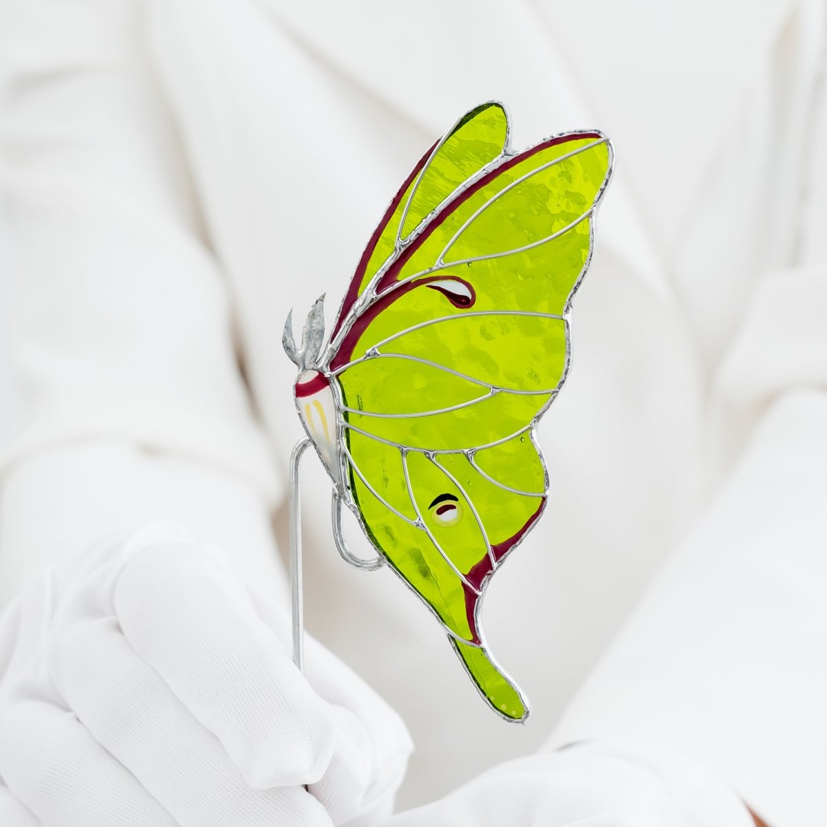 suncatcher stained_glass Luna Moth Stained Glass – Planter Decoration Symbol of Mystery & Transformation | Gift for Gardeners | Nature - Inspired Decor