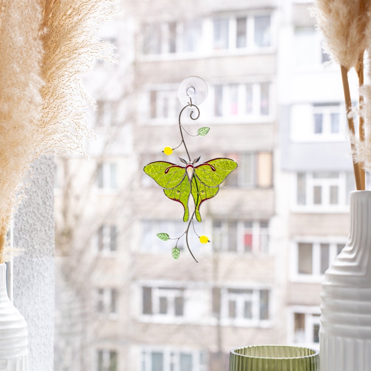 suncatcher stained_glass Luna Moth Stained Glass Window Hanging – Suncatcher