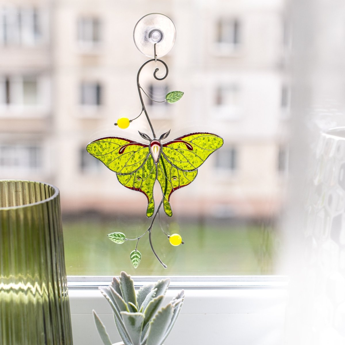 suncatcher stained_glass Luna Moth Stained Glass Window Hanging – Suncatcher