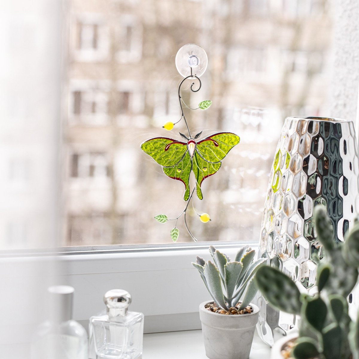 suncatcher stained_glass Luna Moth Stained Glass Window Hanging – Suncatcher