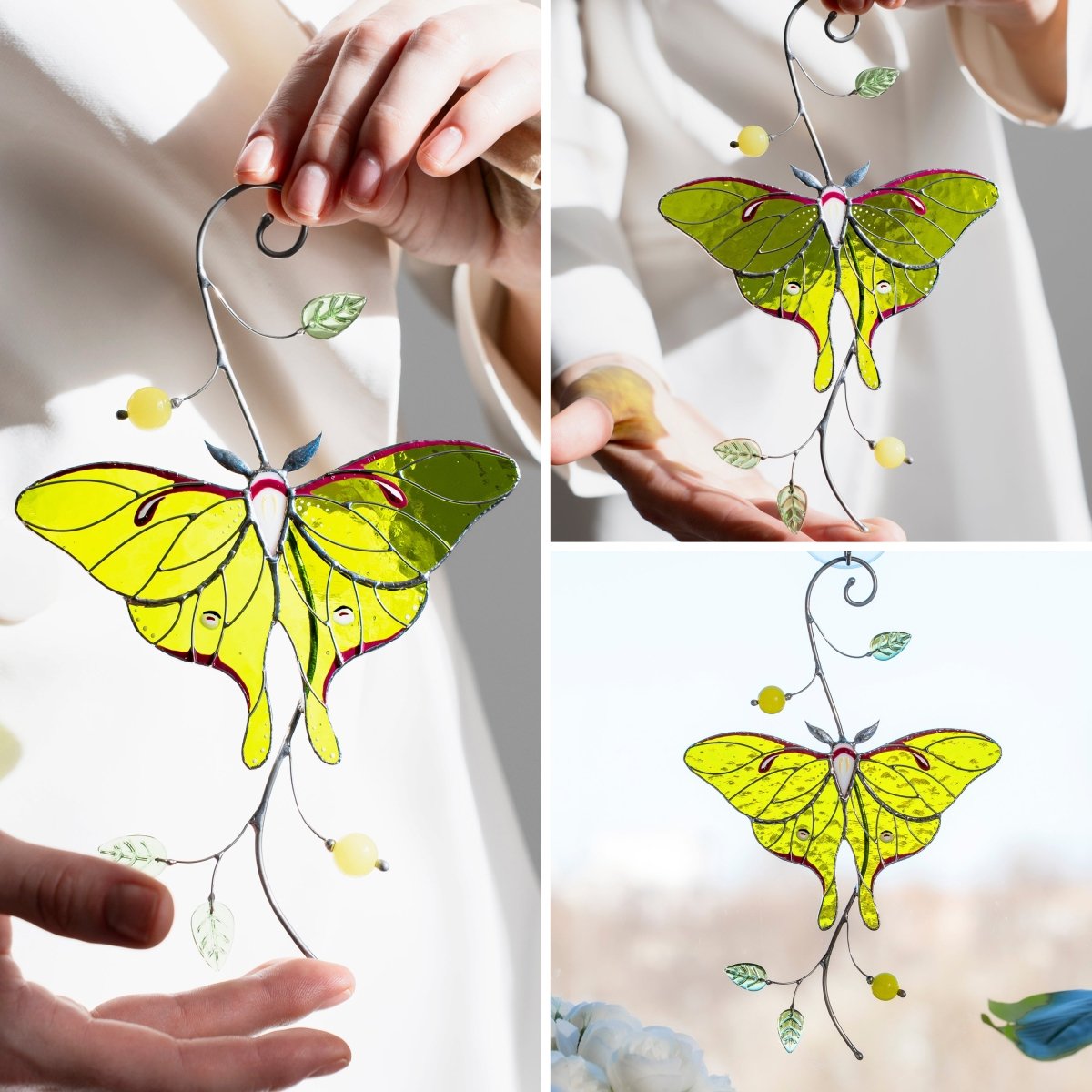 suncatcher stained_glass Luna Moth Stained Glass Window Hanging – Suncatcher