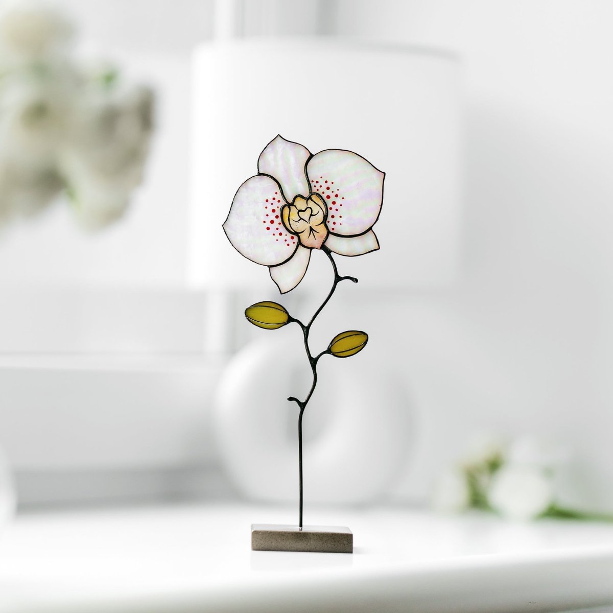 suncatcher stained_glass Orchid Stained Glass Table Decor – Handcrafted Floral Sculpture on Stone Base