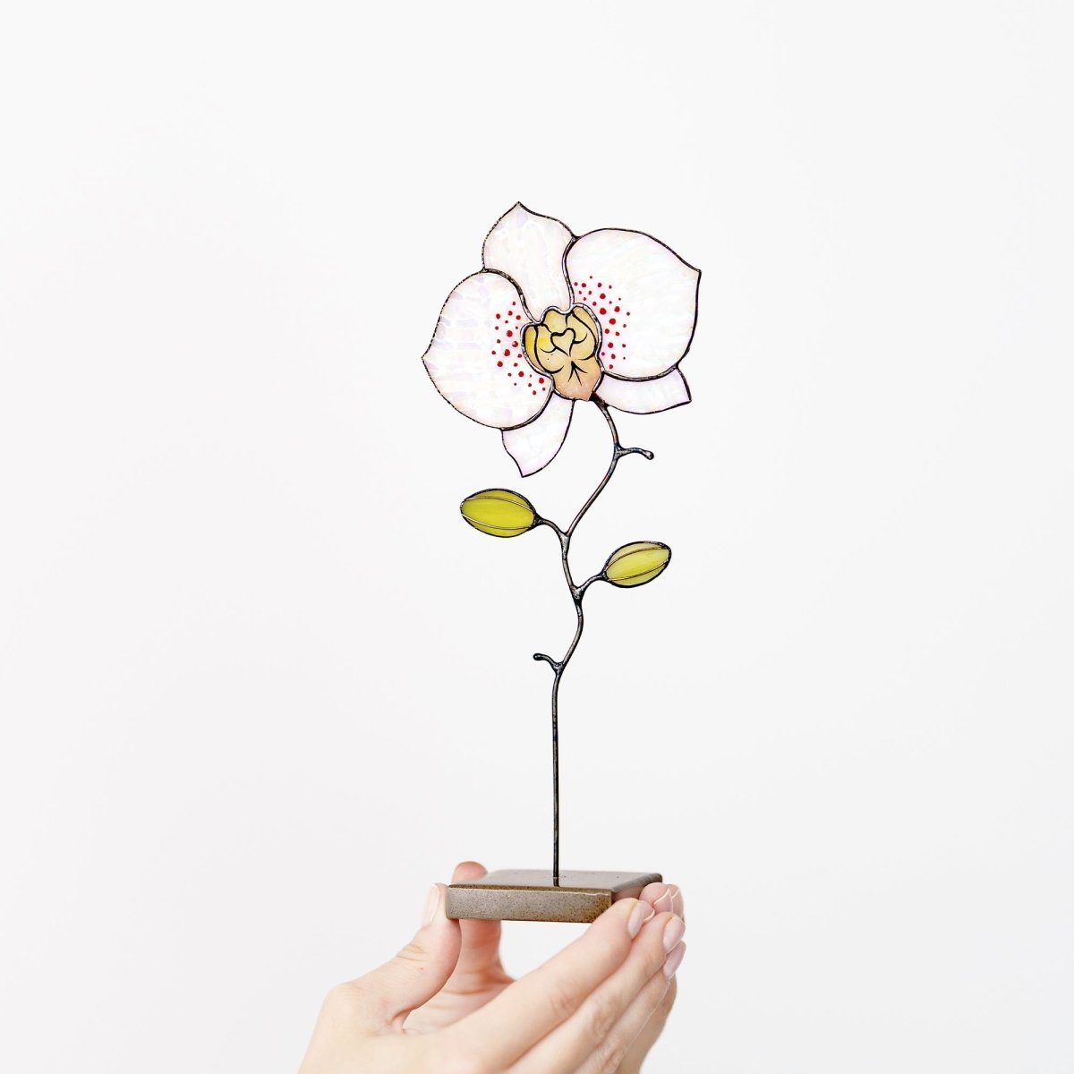suncatcher stained_glass Orchid Stained Glass Table Decor – Handcrafted Floral Sculpture on Stone Base
