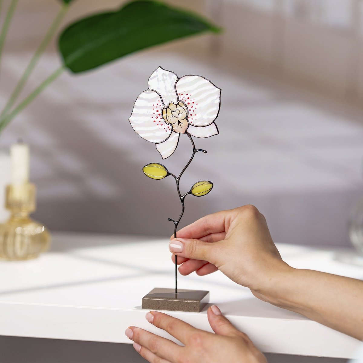 suncatcher stained_glass Orchid Stained Glass Table Decor – Handcrafted Floral Sculpture on Stone Base