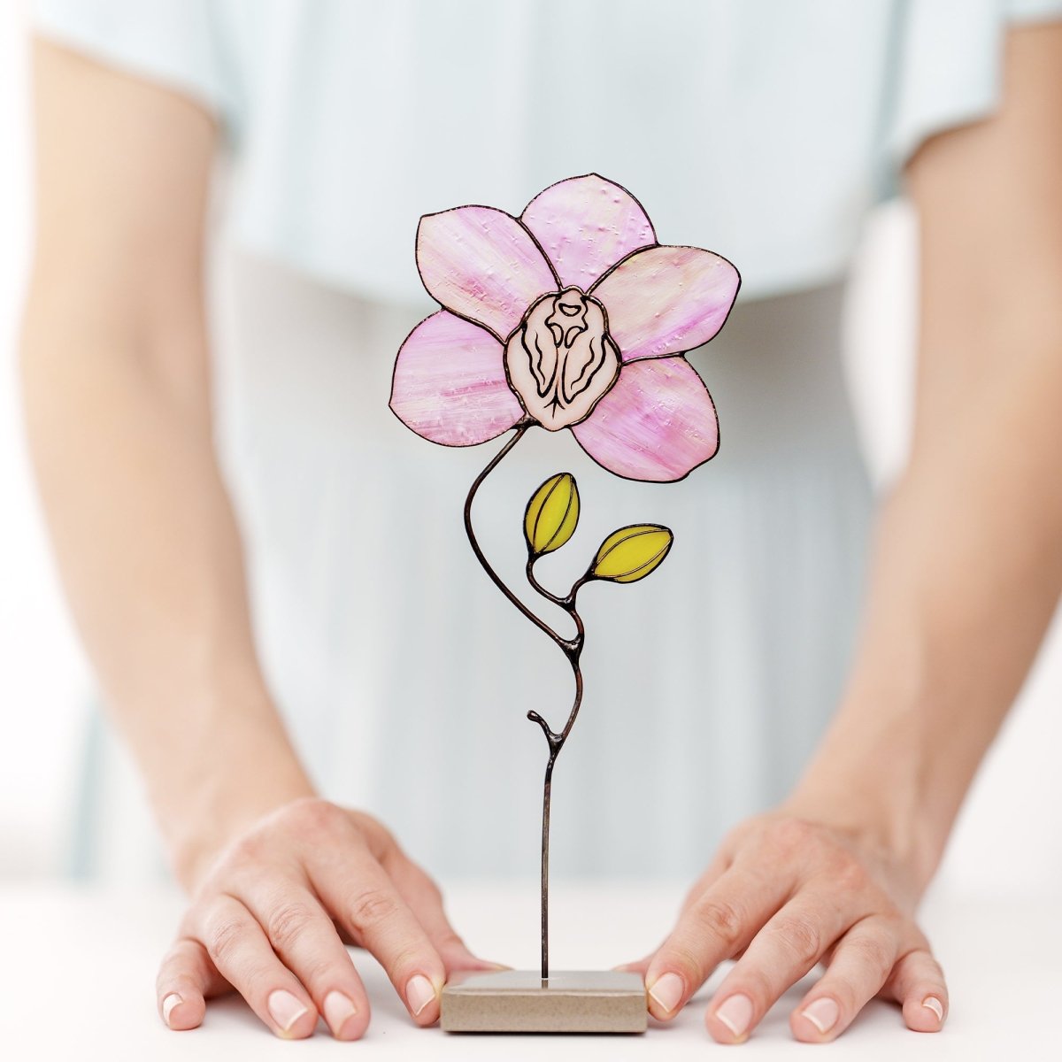 suncatcher stained_glass Pink Orchid Stained Glass Table Decor – Handmade Floral Sculpture