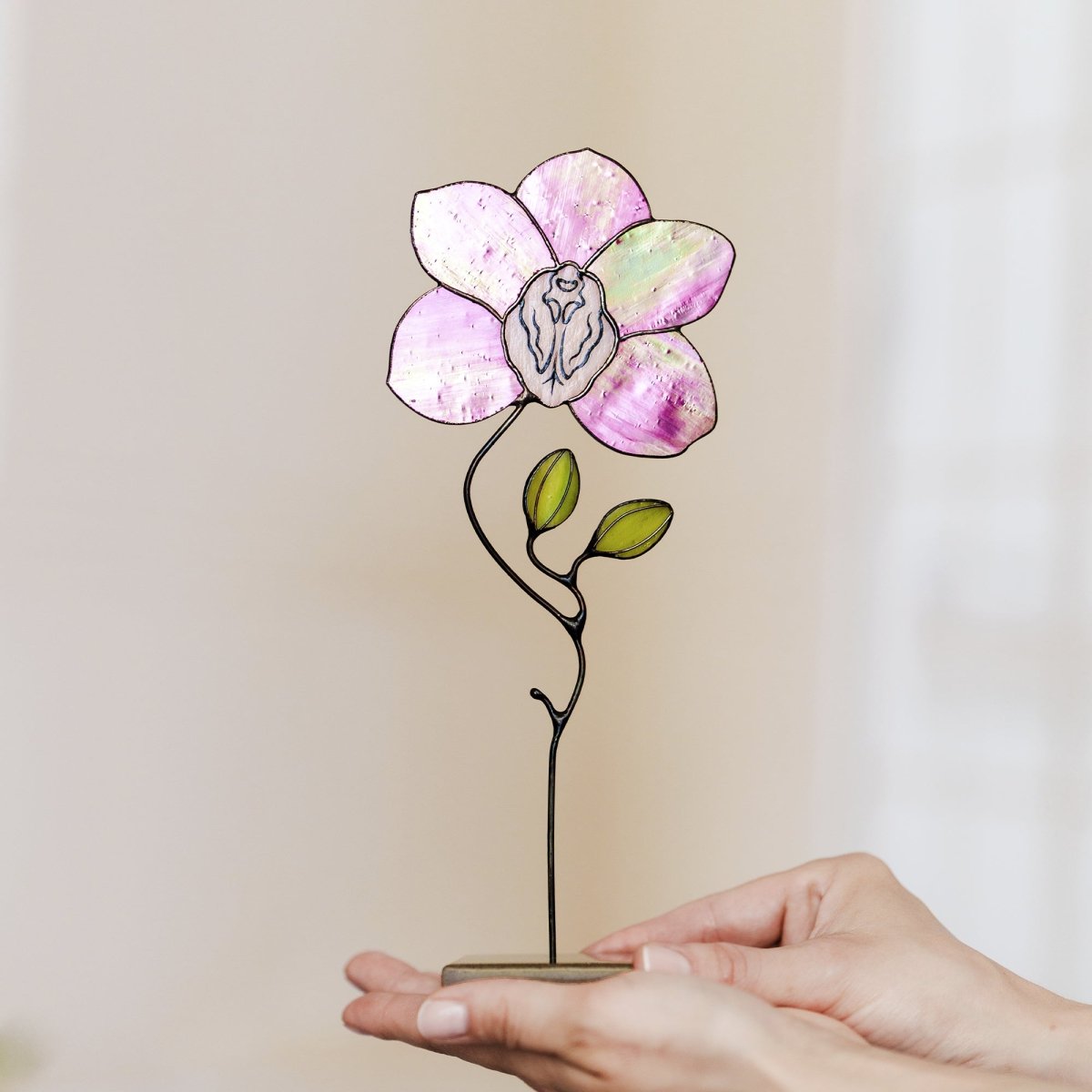 suncatcher stained_glass Pink Orchid Stained Glass Table Decor – Handmade Floral Sculpture
