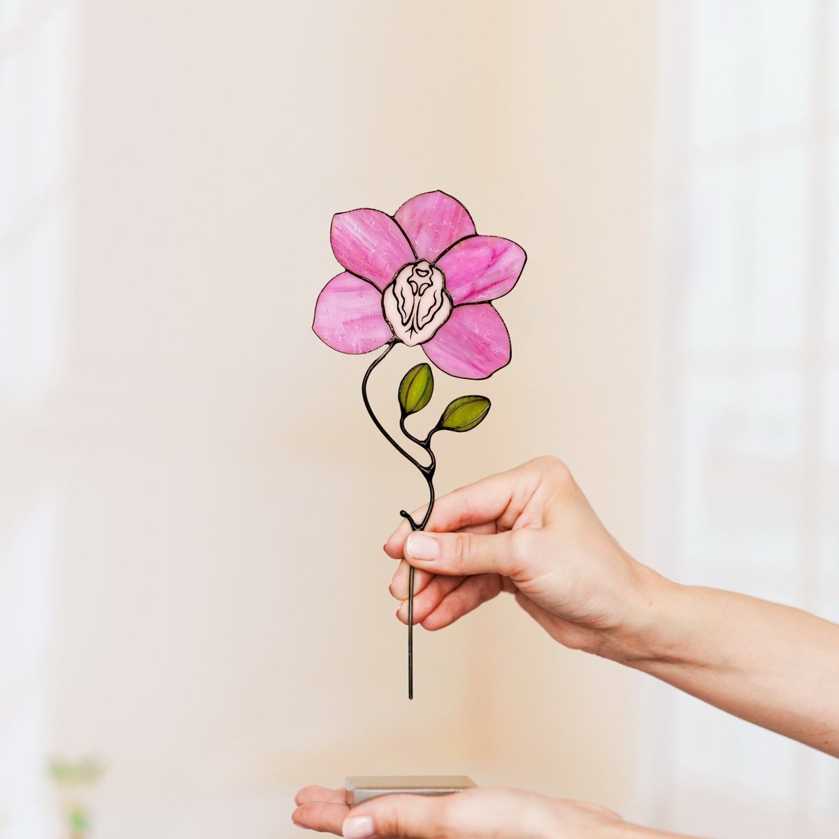 suncatcher stained_glass Pink Orchid Stained Glass Table Decor – Handmade Floral Sculpture