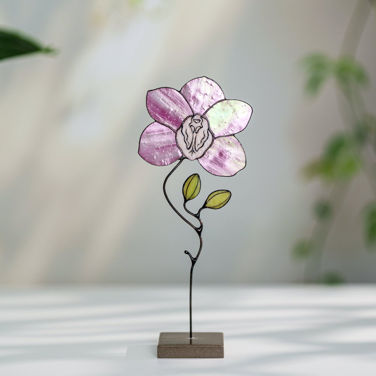 suncatcher stained_glass Pink Orchid Stained Glass Table Decor – Handmade Floral Sculpture