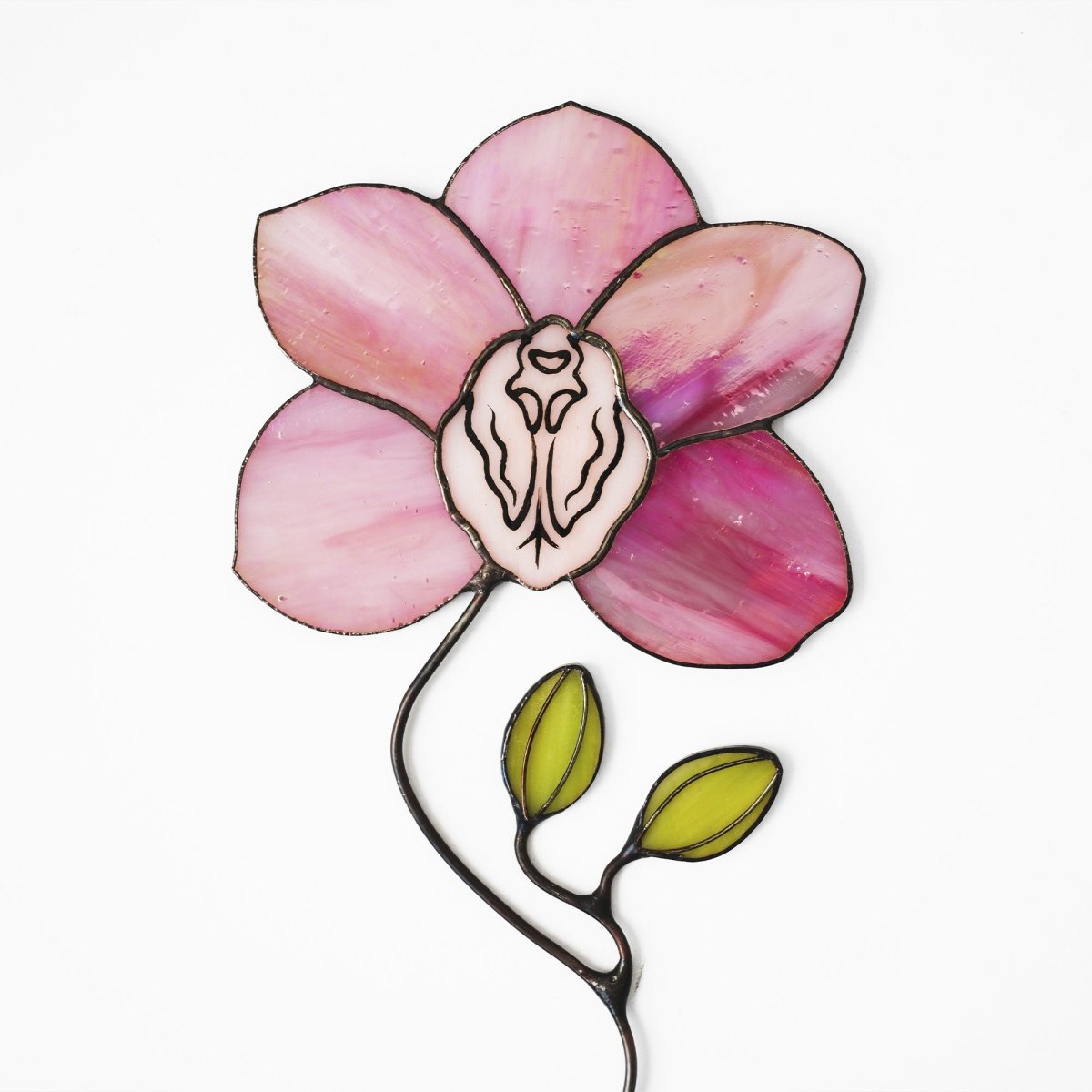 suncatcher stained_glass Pink Orchid Stained Glass Table Decor – Handmade Floral Sculpture