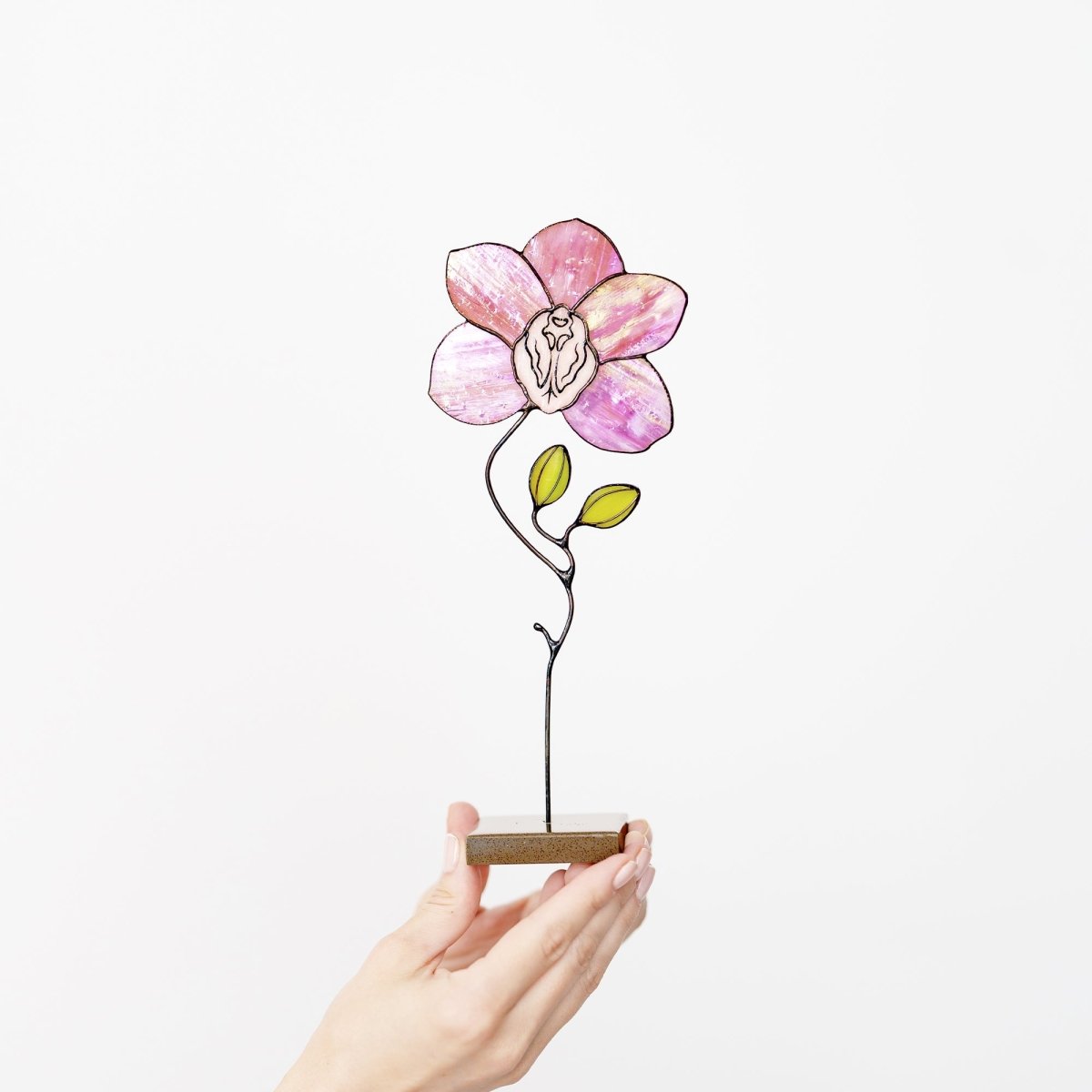 suncatcher stained_glass Pink Orchid Stained Glass Table Decor – Handmade Floral Sculpture