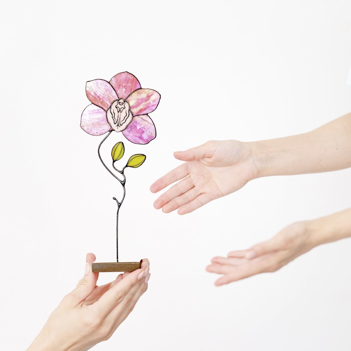 suncatcher stained_glass Pink Orchid Stained Glass Table Decor – Handmade Floral Sculpture