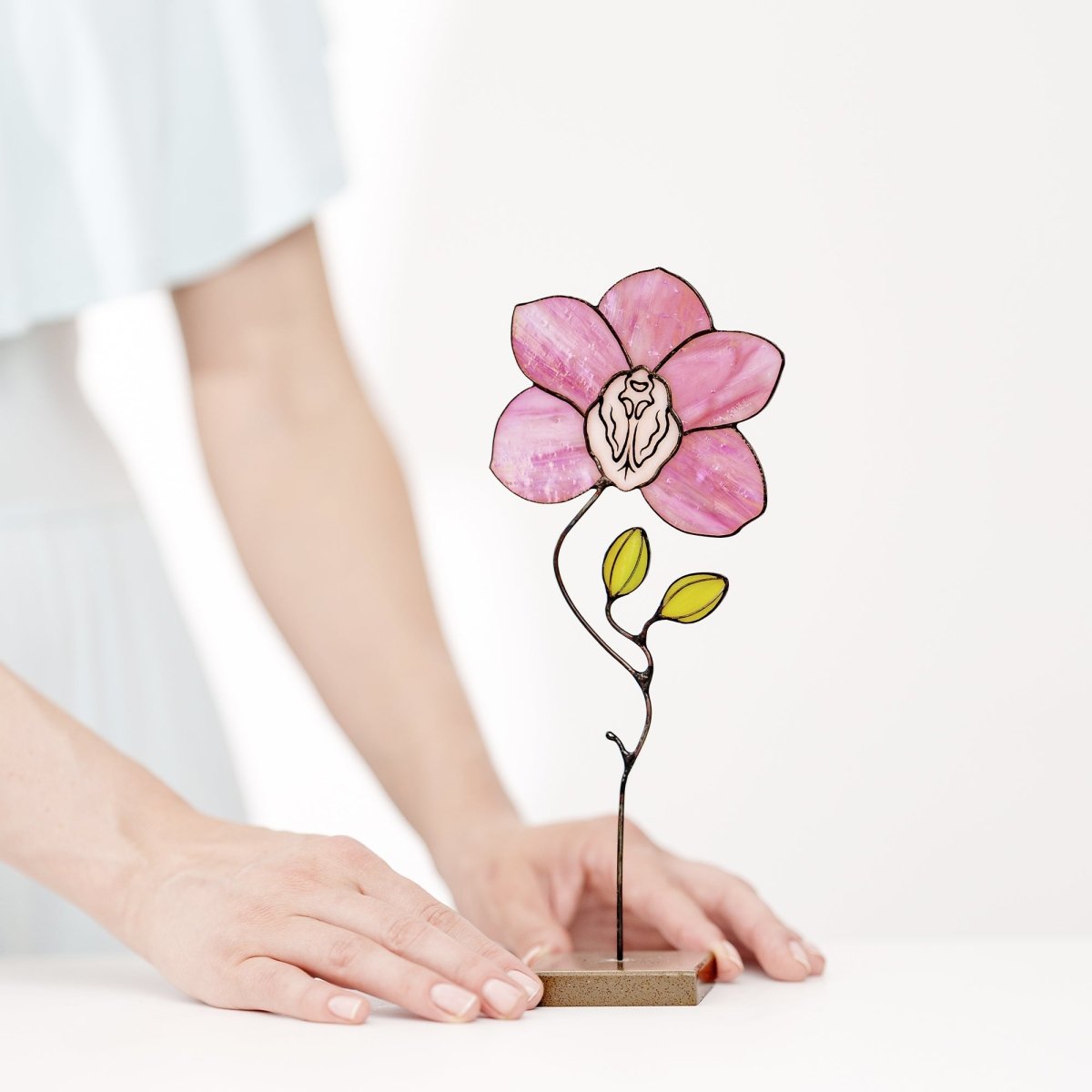 suncatcher stained_glass Pink Orchid Stained Glass Table Decor – Handmade Floral Sculpture