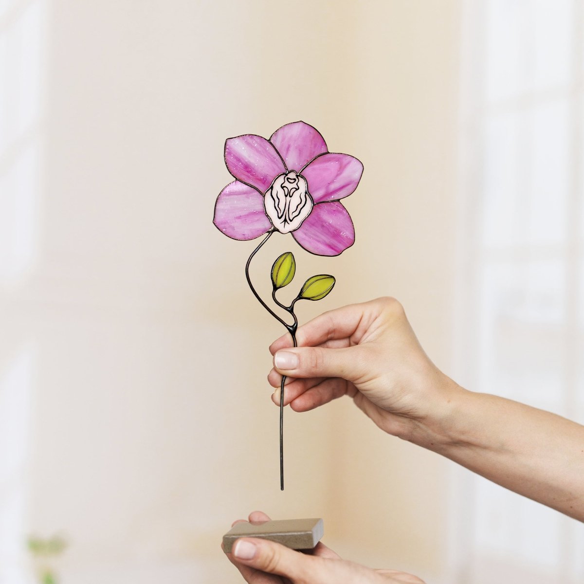 suncatcher stained_glass Pink Orchid Stained Glass Table Decor – Handmade Floral Sculpture