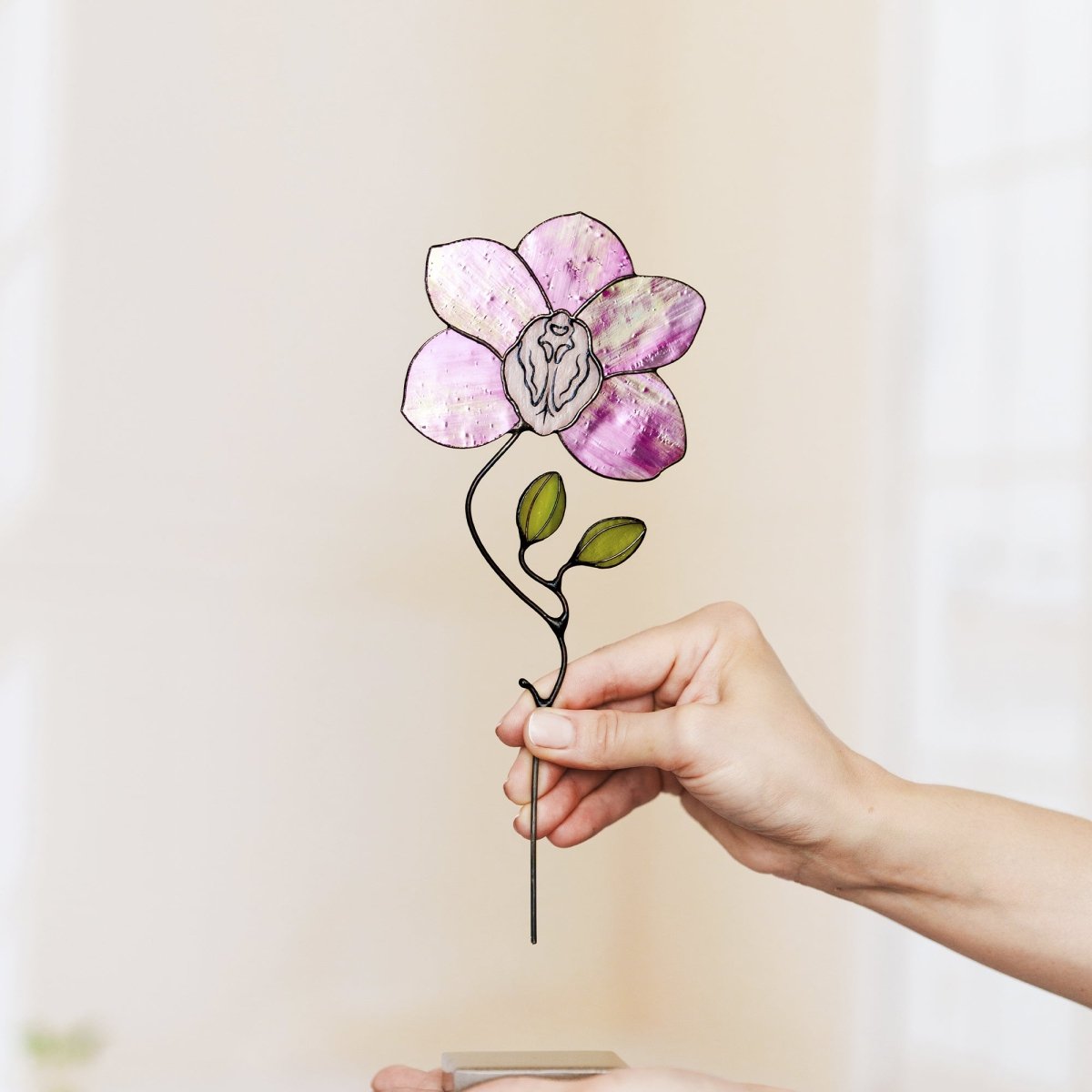 suncatcher stained_glass Pink Orchid Stained Glass Table Decor – Handmade Floral Sculpture